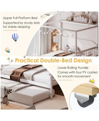 Full Size Canopy Bed with Trundle Wooden Platform Bed Frame Headboard Grey