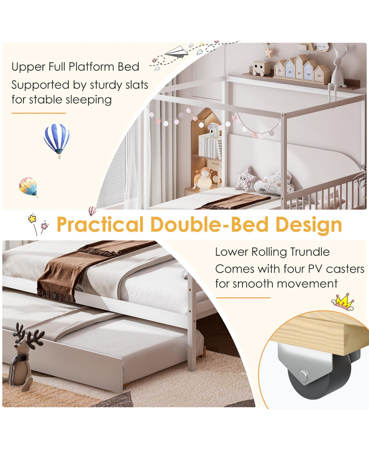 Gymax Full Bed with Trundle Wooden Platform Bed Frame Headboard Grey