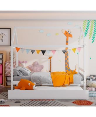 Twin House Bed Frame w/ Trundle Roof Wooden Platform Mattress Foundation Grey