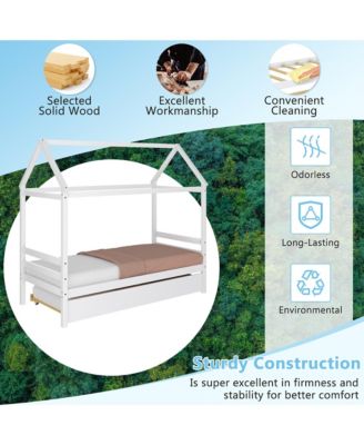 Twin House Bed Frame w/ Trundle Roof Wooden Platform Mattress Foundation Grey