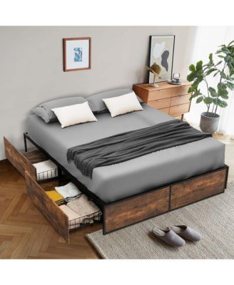 Full Industrial Metal Platform Bed Frame with 4 Drawers Wooden Footboard