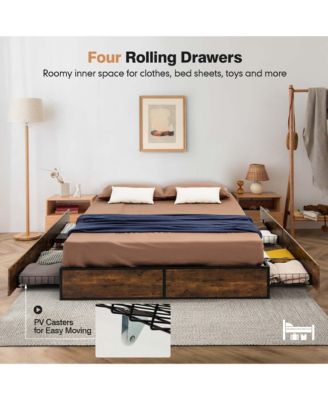 Full Industrial Metal Platform Bed Frame with 4 Drawers Wooden Footboard