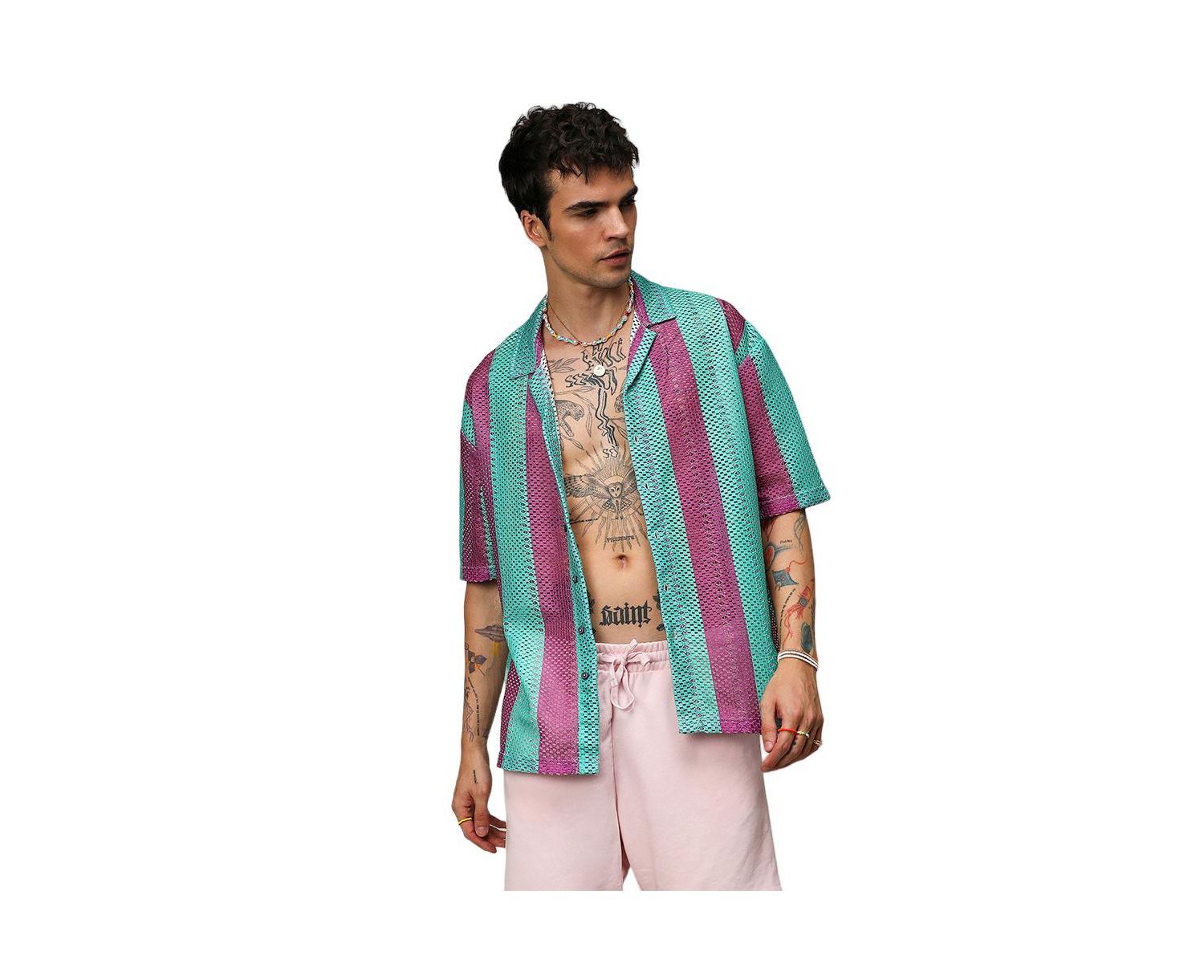 Men's Mint Green & Plum Purple Balanced Striped Oversized Shirt