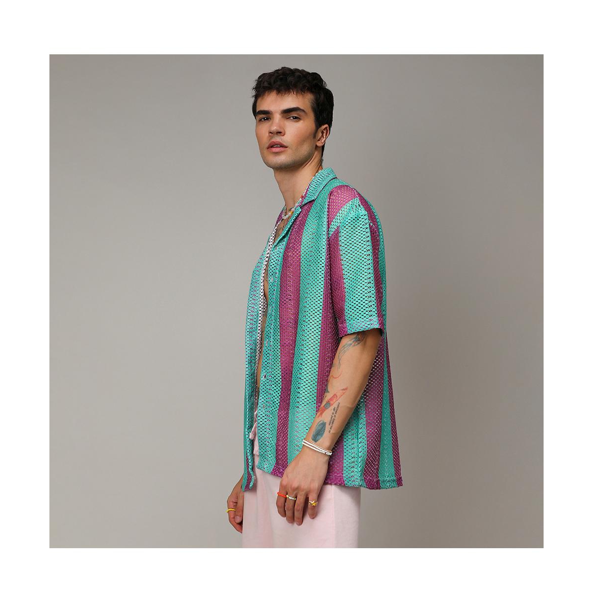 Campus Sutra Men's Mint& Plum Purple Balanced Striped Oversized Shirt - Green