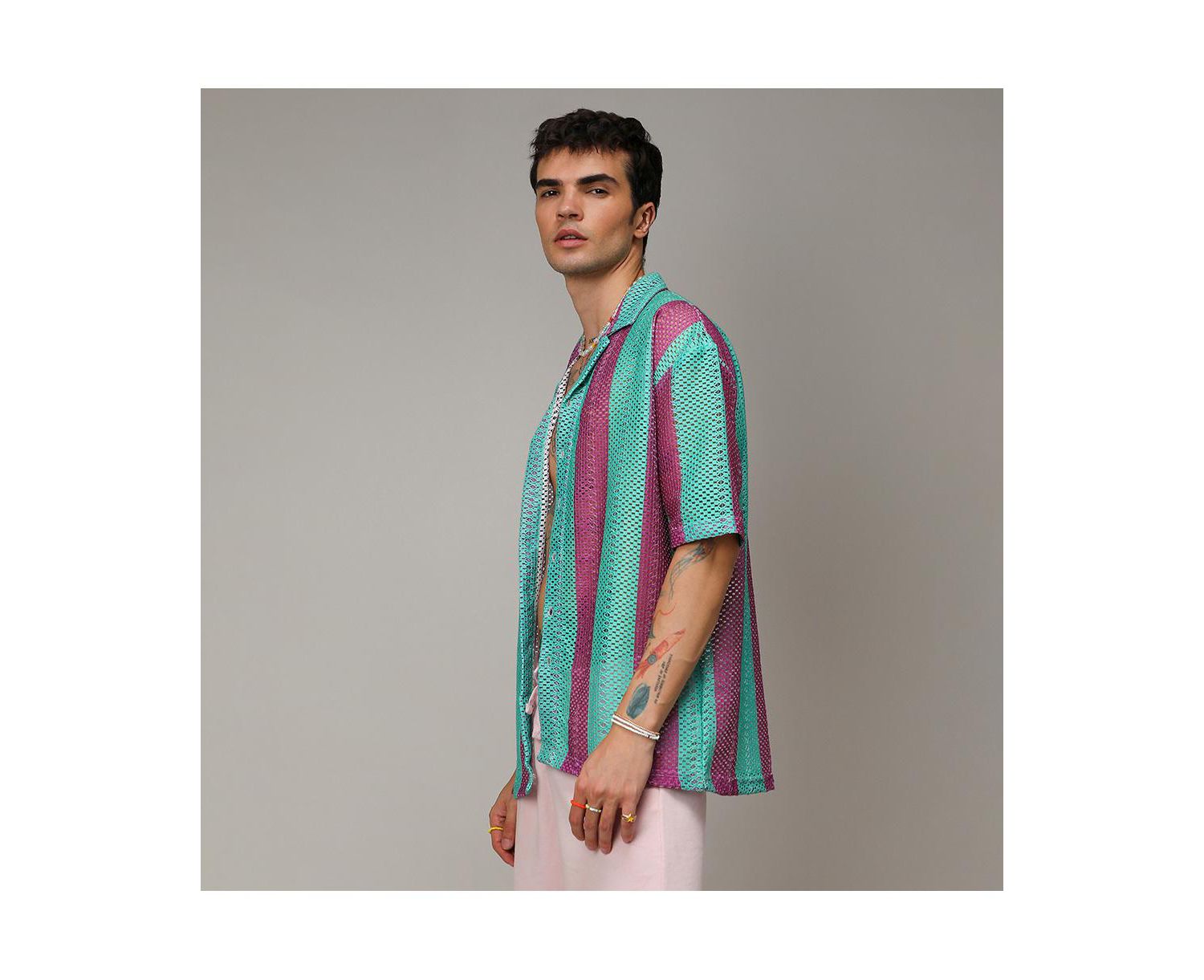 Men's Mint Green & Plum Purple Balanced Striped Oversized Shirt