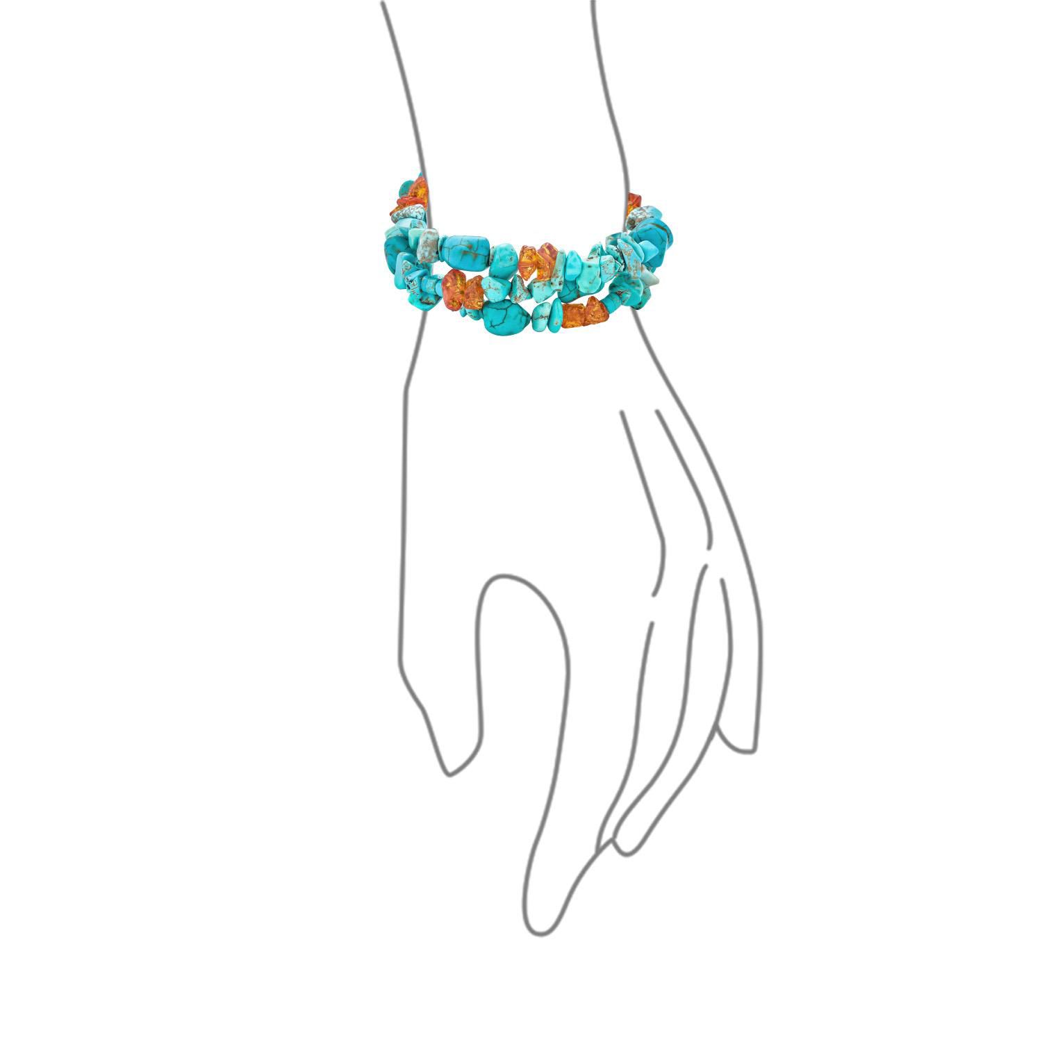 Aqua Blue Turquoise Amber Gemstone 3 Strand Wide Bracelet Sterling Silver