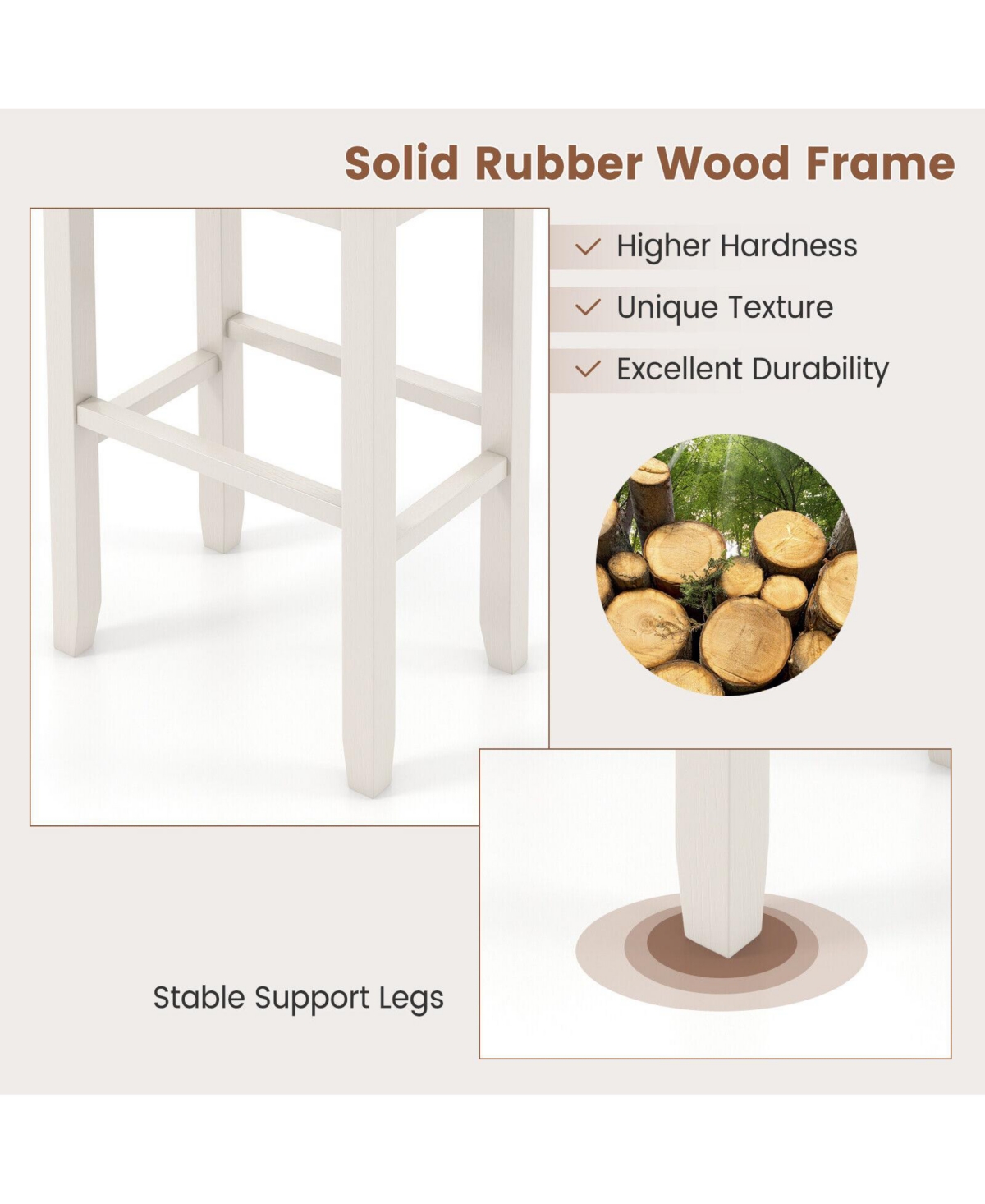 Skonyon 2 Pieces Upholstered Bar Stool Set with Solid Rubber Wood Frame and Footres