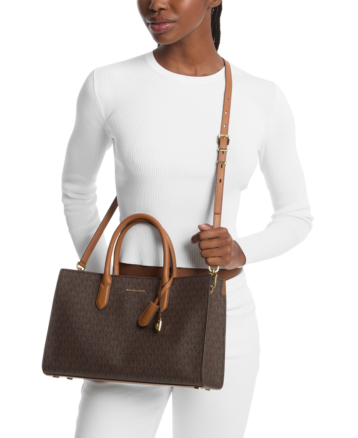 Michael Kors Michael  Scarlett Logo Medium East West Satchel Bag In Brown