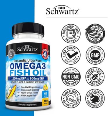 Triple Strength Omega 3 Fish Oil Supplement - 2250mg EPA DHA Omega 3 Fatty Acids From Wild Caught Fish, Supports Joint, Eyes, Brain Health - Burpless Lemon Flavor, Gluten Free, 180 Omega3 Softgels