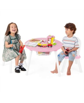 Kids Wooden Round Table & 2 Chair Set w/ Center Mesh Storage