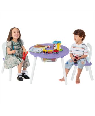 Kids Wooden Round Table & 2 Chair Set w/ Center Mesh Storage