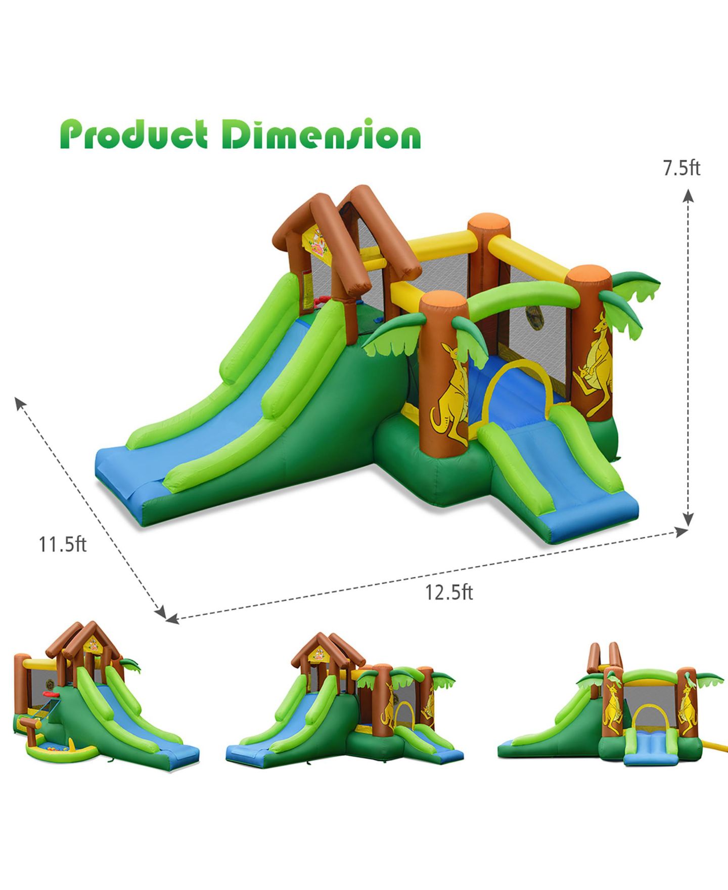 Детская игрушка Costway Jungle Dual-Slide Puncture-Resistant Inflatable Bounce House, 12.5'L x 11.5'W x 7.5'H, Up to 5 Players, Ages 3+, цвет: Зелёный — фото 2