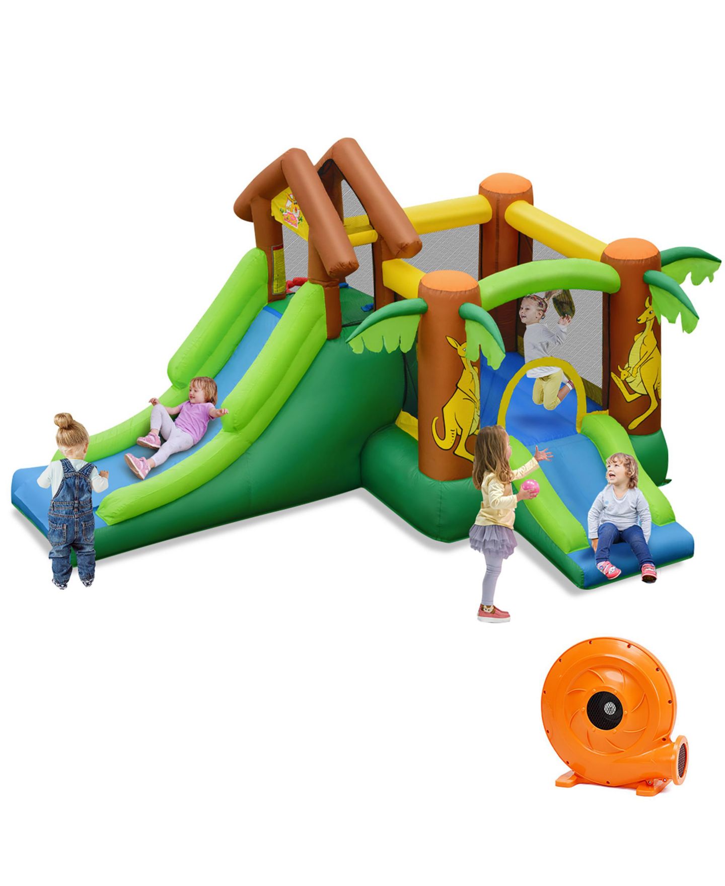 Детская игрушка Costway Jungle Dual-Slide Puncture-Resistant Inflatable Bounce House, 12.5'L x 11.5'W x 7.5'H, Up to 5 Players, Ages 3+, цвет: Зелёный — фото 1