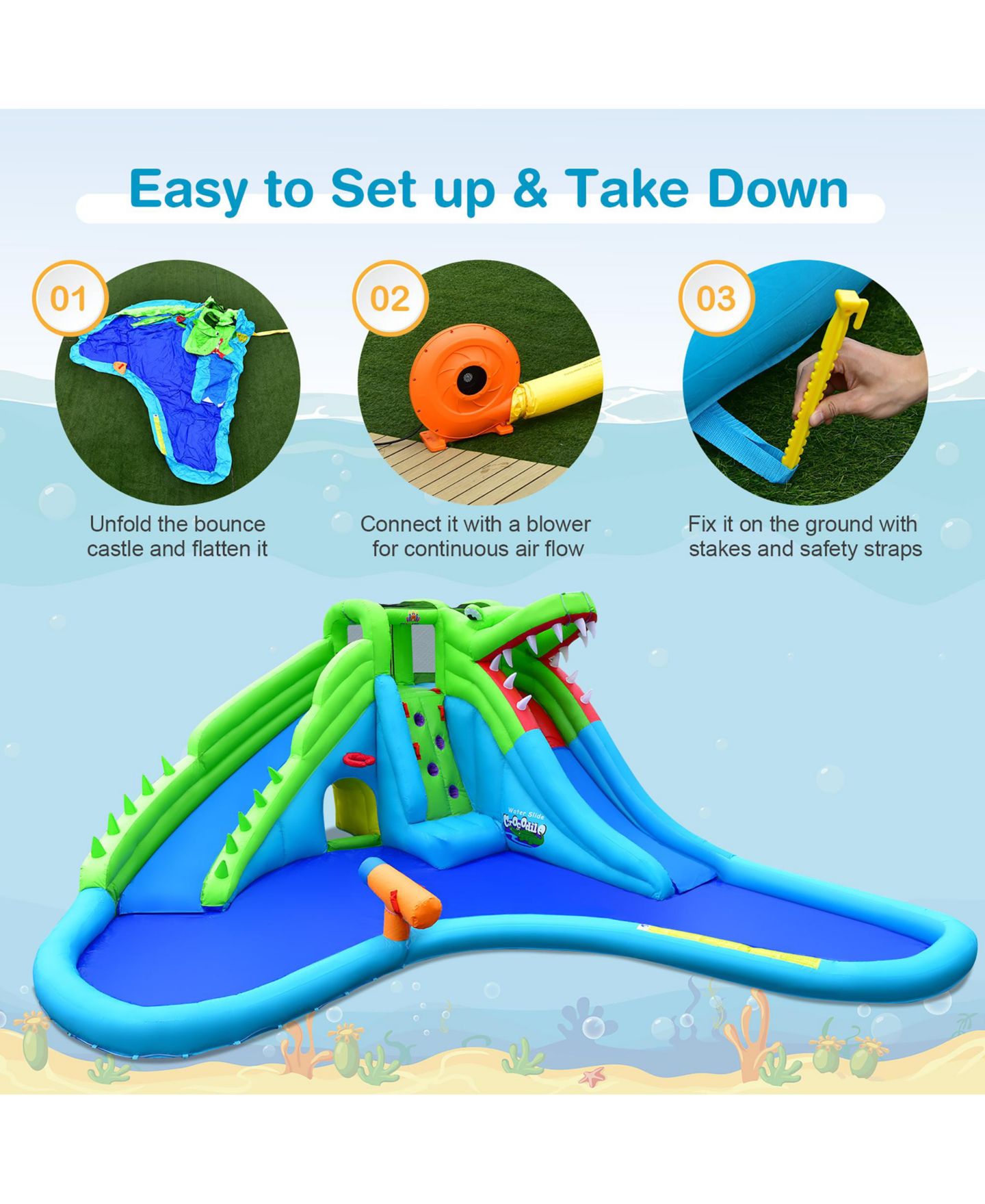 Детская игрушка Costway Crocodile Inflatable Water Slide Bounce Castle, 3–10 лет, цвет: Синий — фото 2