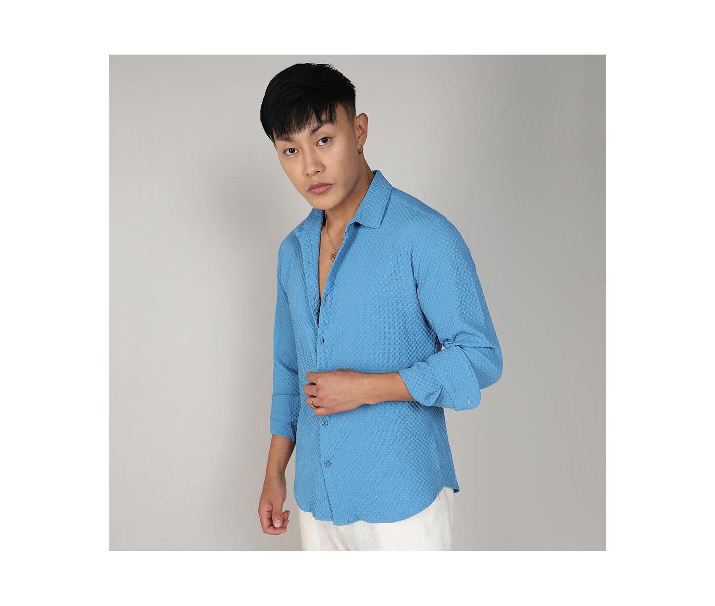 Мужская рубашка Cahoot Campus Sutra Sky Blue Textured Micro Buffalo Check, цвет: Синий — фото 5