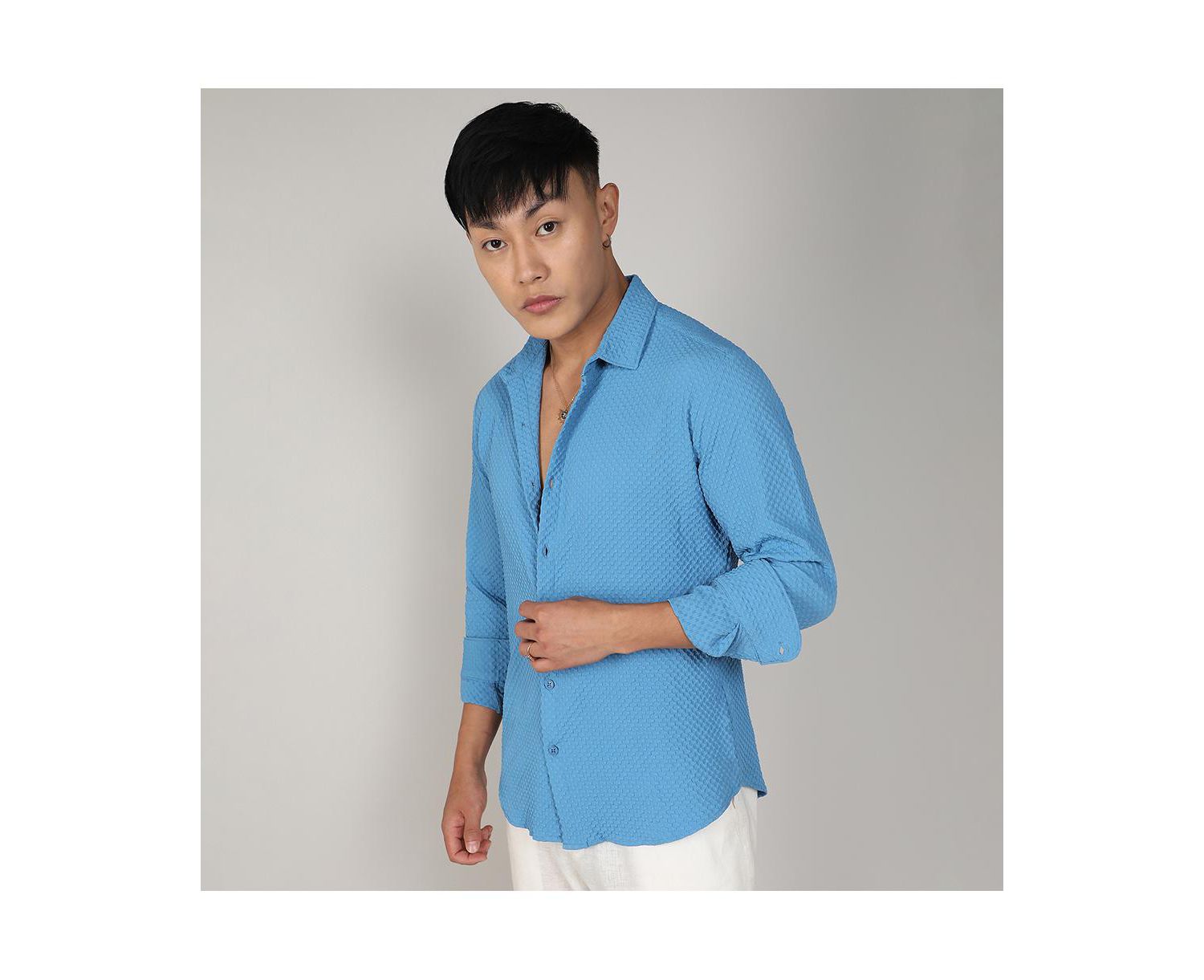 Men's Sky Blue Textured Micro Buffalo Check Shirt