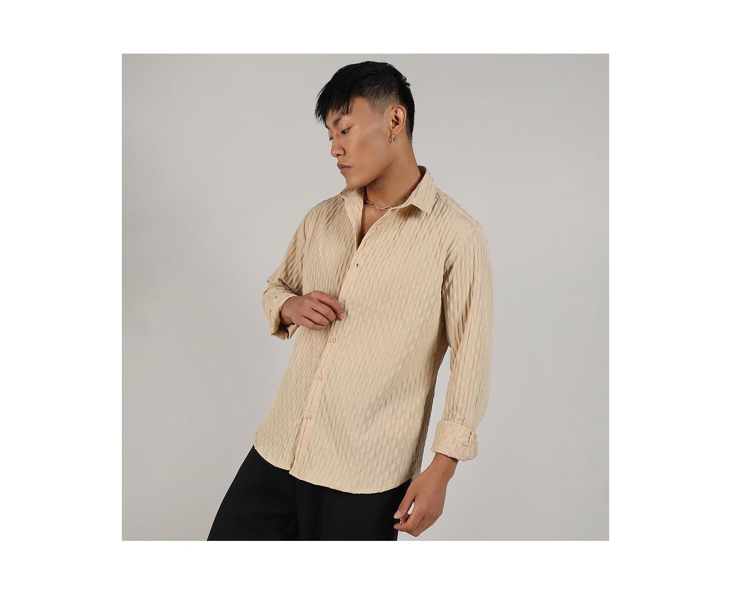 Men's Butter Yellow Crinkled-Weave Shirt