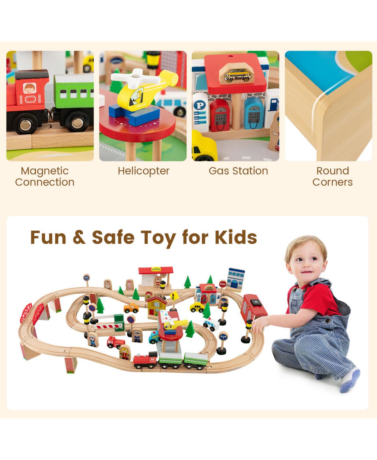 Детские игрушки GIVIMO 84-Piece Wooden Reversible Tabletop Train Set, цвет: Натуральный — фото 7