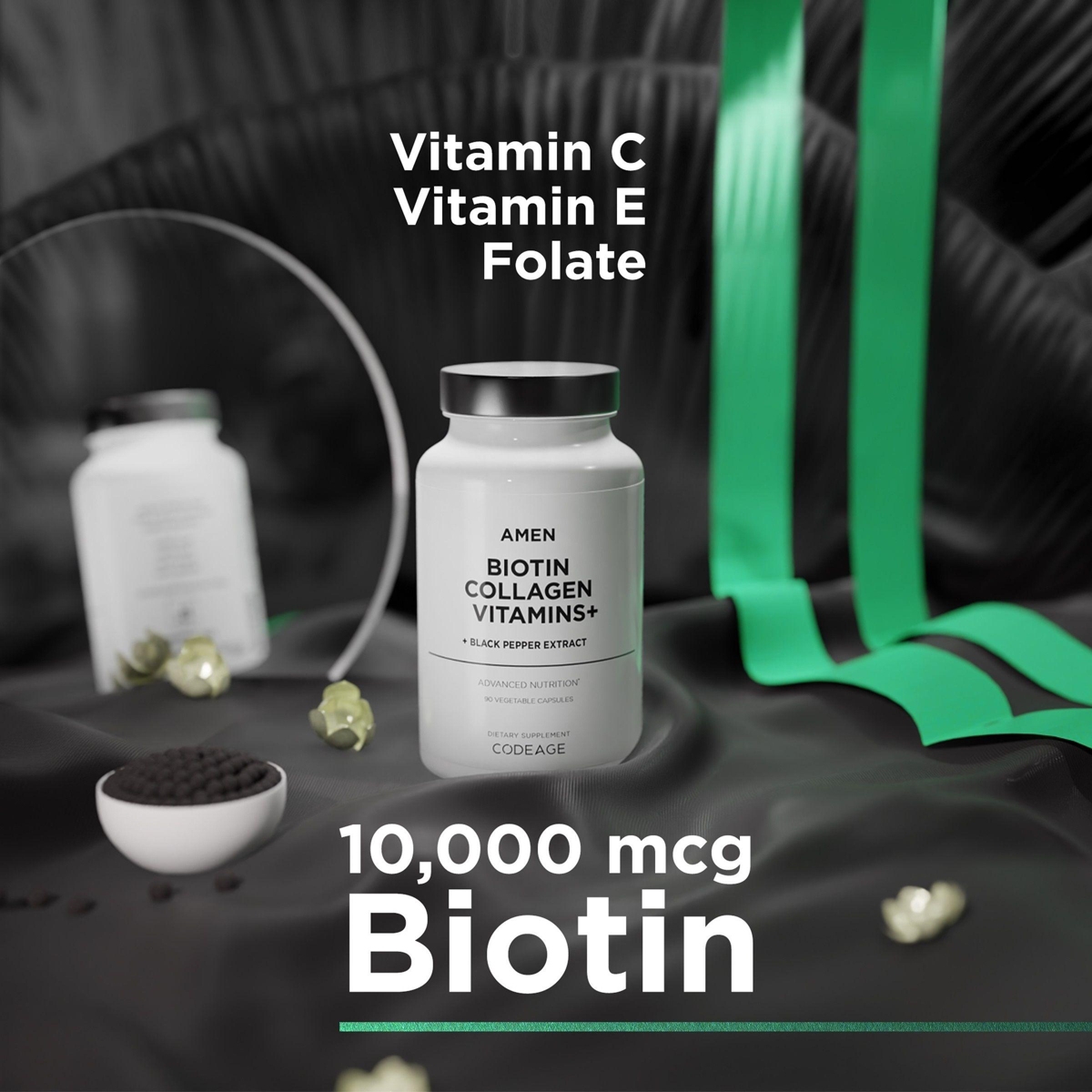 Amen Biotin Collagen Vitamins+ 10,000 mcg Biotin Supplement - Hydrolyzed Collagen, Vitamins C & E, Folate, Hyaluronic Acid, Keratin, Msm, Saw Palmetto