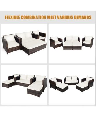 5PCS Patio Rattan Furniture Set Loveseat Sofa Ottoman Cushioned