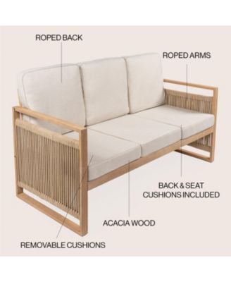 Arwen Modern Bohemian Roped Acacia Wood Outdoor Loveseat with Cushions