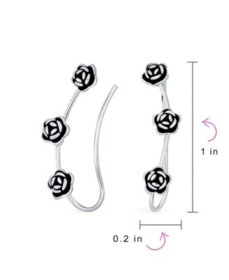 Retro 3D Flower Three Roses Wire Ear Pin Climbers Crawlers Rose Earrings Oxidized Sterling Silver