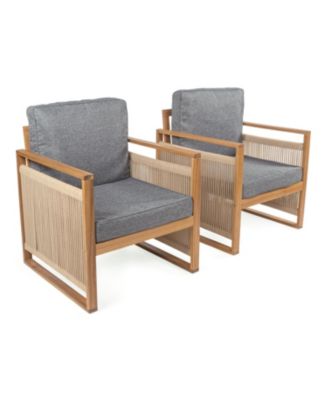 Gable Mid-Century Modern Roped Acacia Wood Outdoor Patio Chair with Cushions