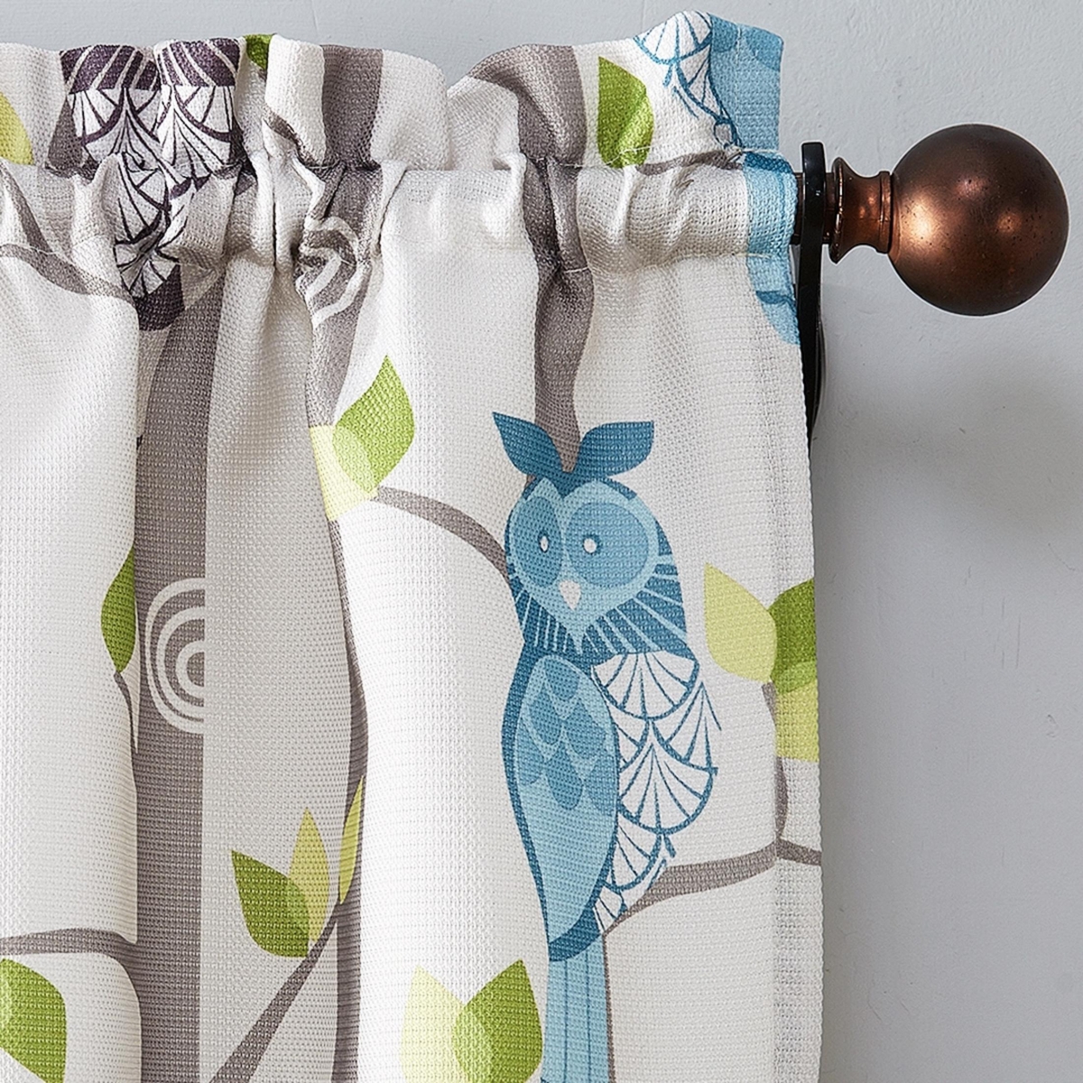 Hoot Owl Print Semi-Sheer Rod Pocket Kitchen Curtain Tier Pair