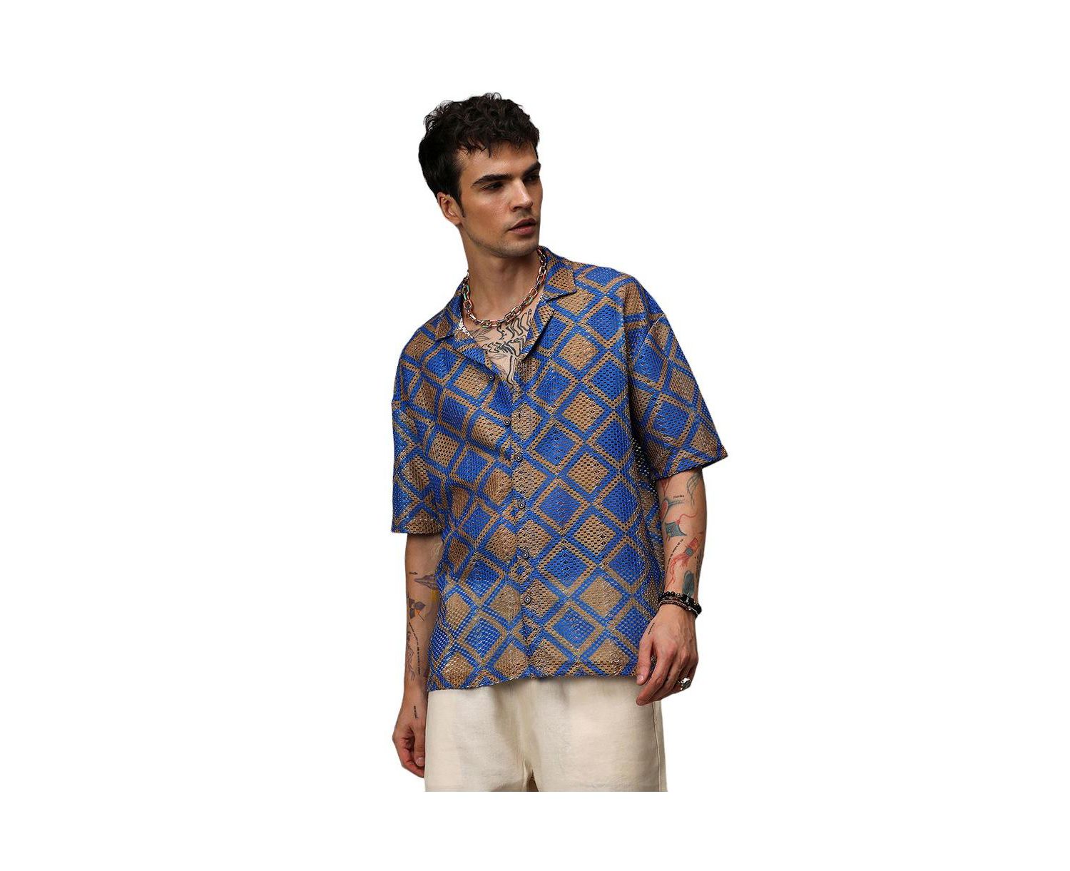 Men's Royal Blue & Mocha Brown Geometric Block Oversized Shirt