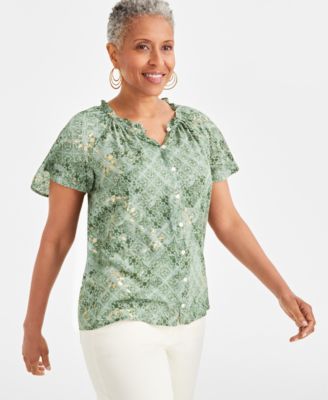 Style & Co - Petite Mini Blossom Flutter-Sleeve Shine Blouse