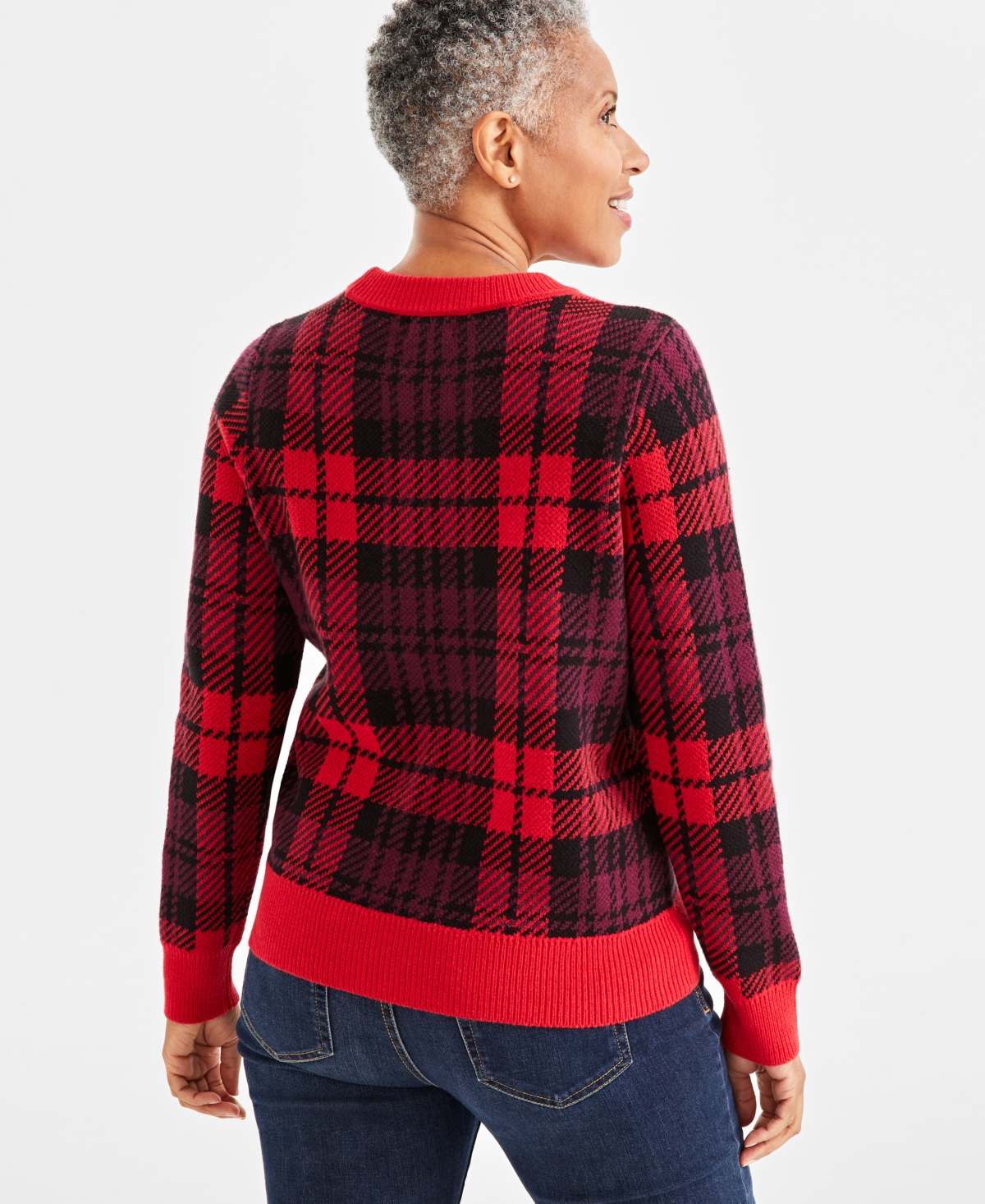 STYLE & CO WOMEN'S PLAID CREWNECK PULLOVER SWEATER, CREATED FOR MACY'S 