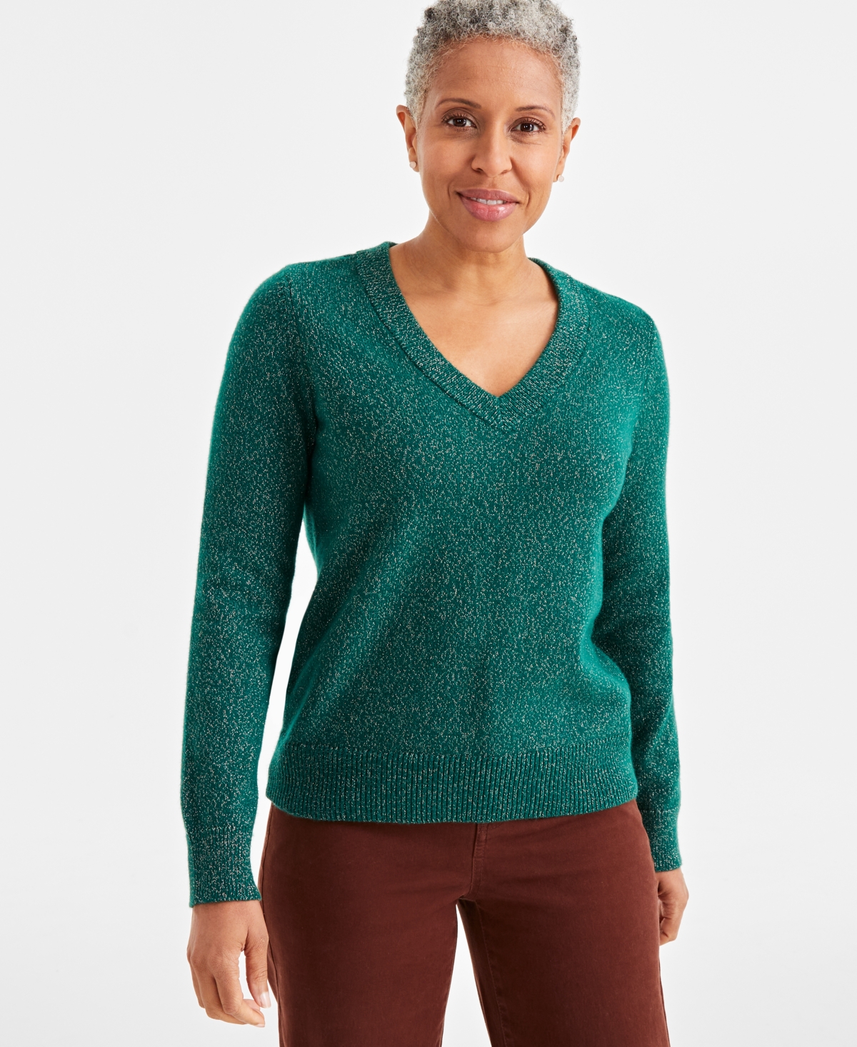 Style & Co Petite Whimsy Shine Pullover V-neck Sweater, Created For Macy's In True Emerald