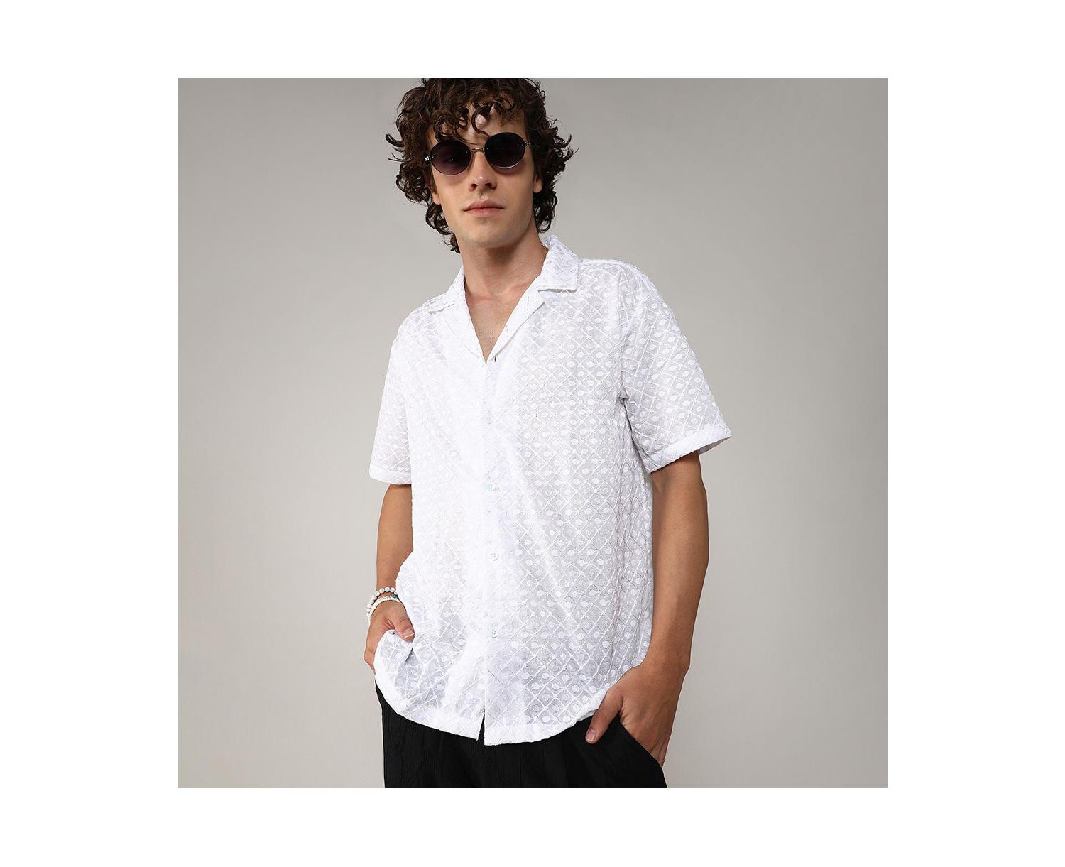 Men's Chalk White Embroidered Circular Shirt