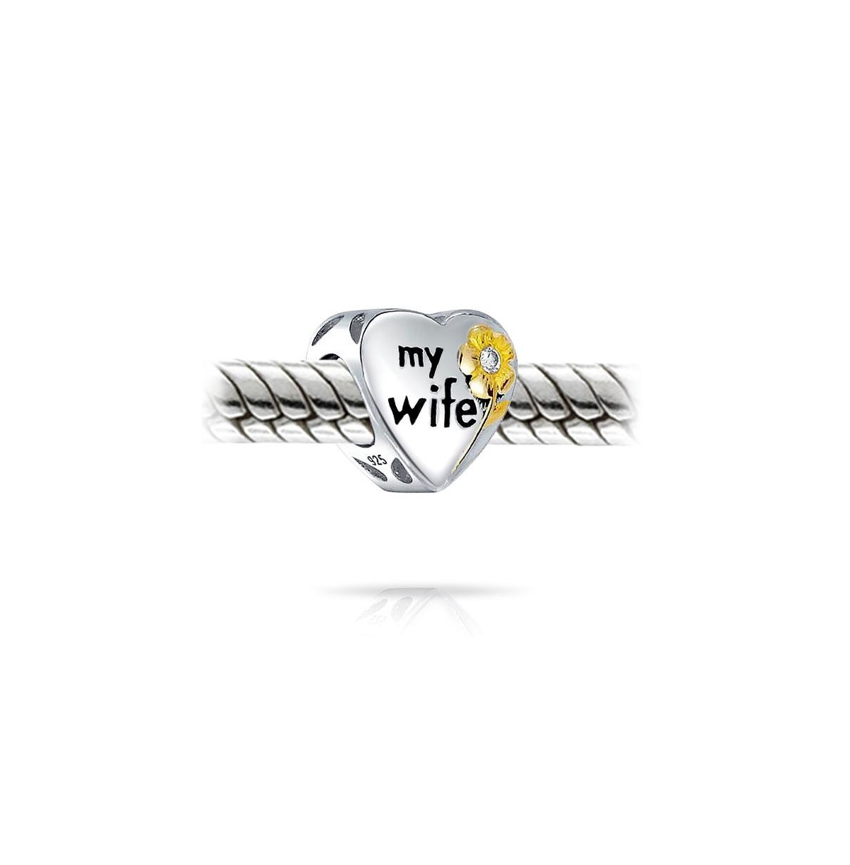 Bling Jewelry Flower Daisy Cz Accent Heart Shape Word Words My Wife Charm Bead For Women Two Tone Gold Plated Sterling Silver Fit European Bracelet