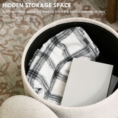 Storage Ottoman, Round Stool Chair with Cushioned Top, Cream White