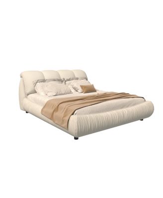 King Upholstered Platform Bed with Oversized Backrest, Beige