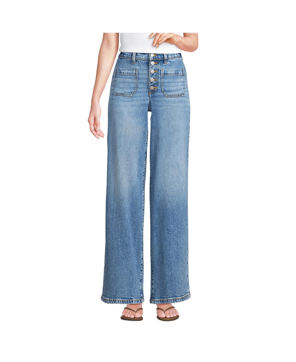 Petite Denim High Rise Button Front Patch Pocket Wide Leg Jeans - Beau blue