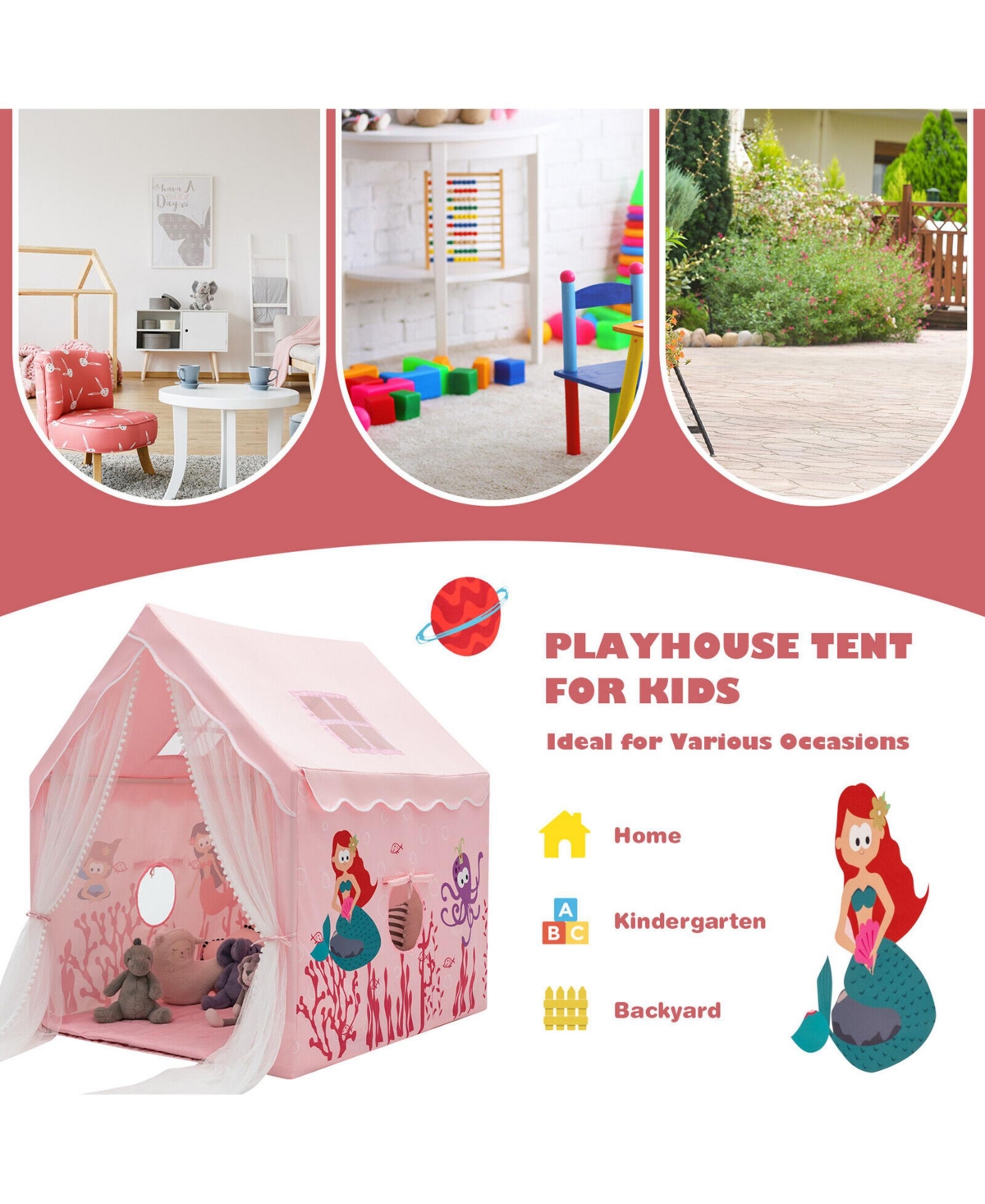 Costway Kids Playhouse Children Indoor Play Tent Gift w/ Cotton Mat Longer Curtain