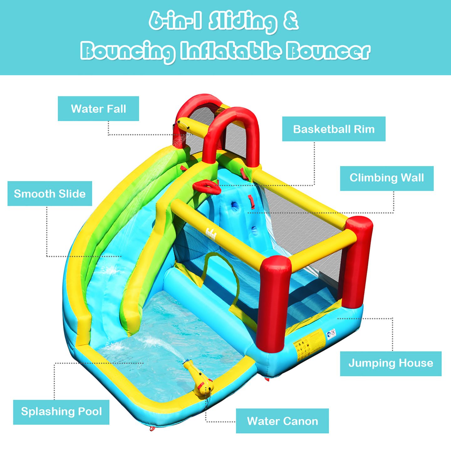 Детские игрушки Costway Inflatable Kids Water Slide Jumper Bounce House with Pool, 11' x 10' x 8', Accommodates 3 Children, от 3 лет, цвет: Синий — фото 5