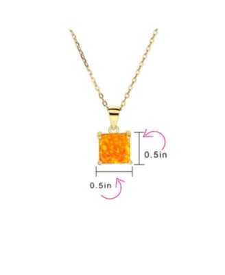 Dainty 1.25 CT Square Solitaire Princess Cut Orange Synthetic Opal Pendant Necklace Gold Plated Sterling Silver