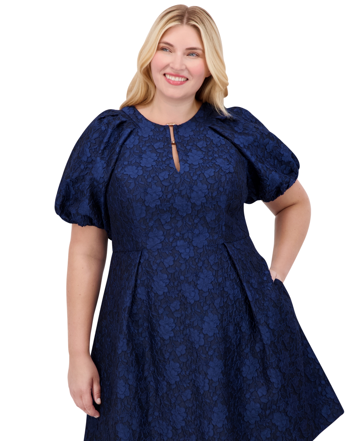 Vince Camuto Plus Size Puff-Sleeve Jacquard Fit & Flare Dress