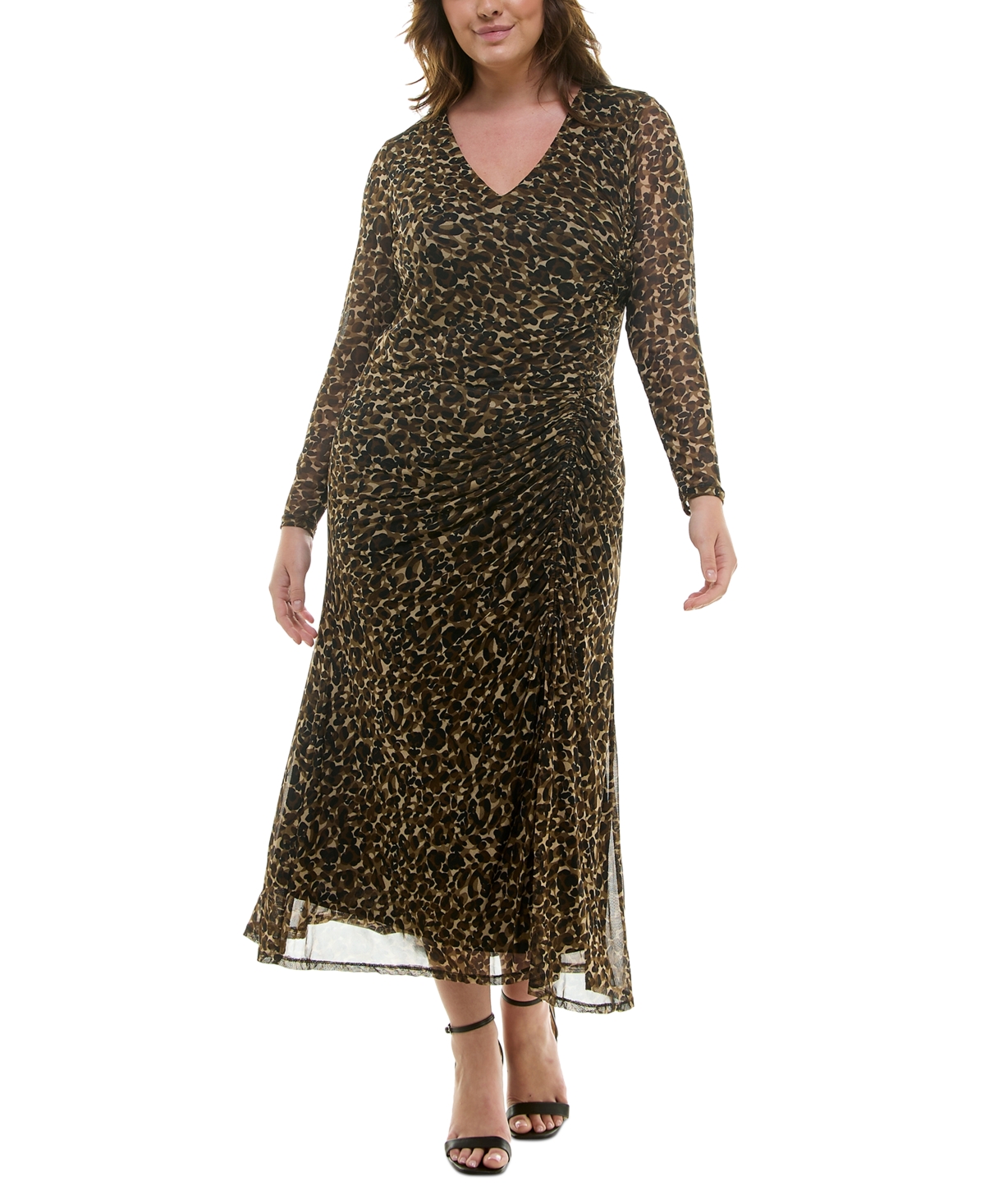 Taylor Plus Size V-Neck Side-Ruched Long-Sleeve Dress