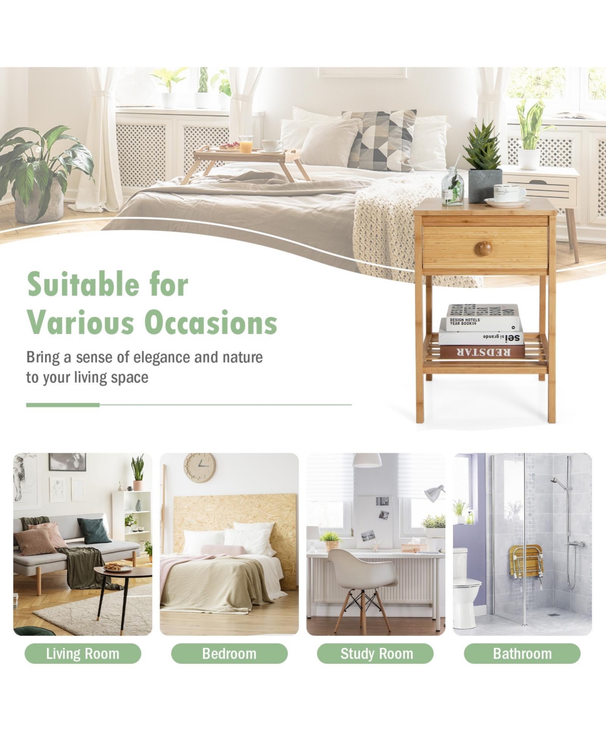 Sugift Bamboo Nightstand with Drawer and Open Shelf