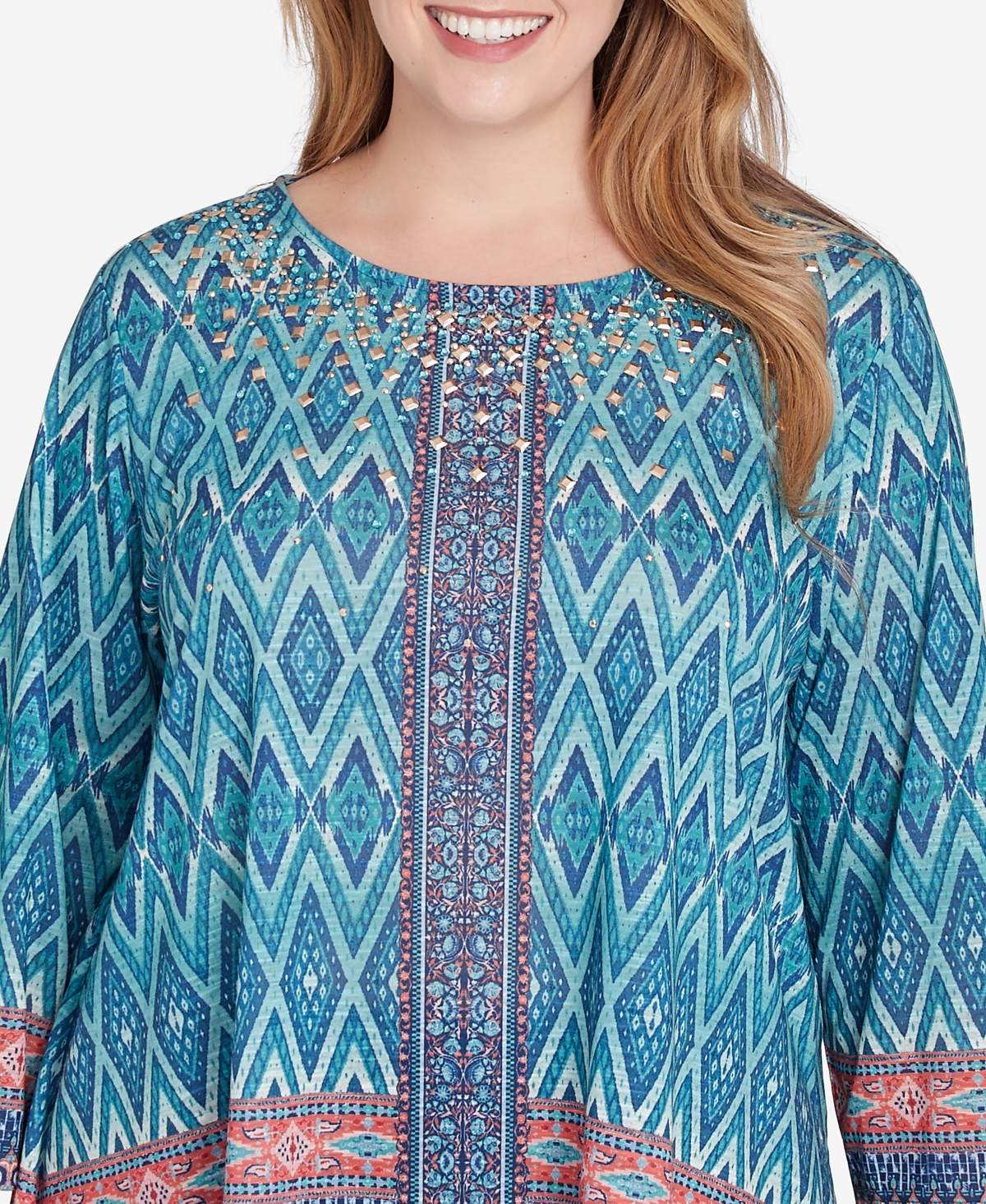 Ruby Rd. Plus Size Embellished Scoop Neck Placement Print Slub Jersey Sharkbite Top
