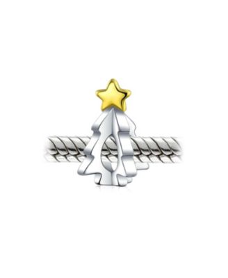 Festive Shining Star Decorated Holiday Christmas Tree Charm Bead Two Tone 14K Plated Oxidized Sterling Silver For Charm Bracelet