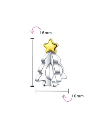 Festive Shining Star Decorated Holiday Christmas Tree Charm Bead Two Tone 14K Plated Oxidized Sterling Silver For Charm Bracelet
