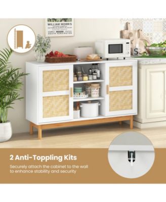 48 Inch Sideboard Buffet Cabinet Floor Storage Cabinet with 2 Bamboo Woven Doors-White