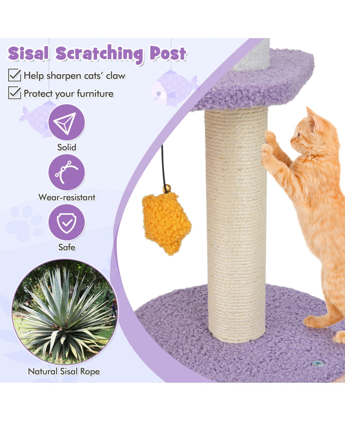 Skonyon Cute Cat Tree Cats Multi-level Tall Cat Tower with Sisal Covered Scratching Posts- Purple