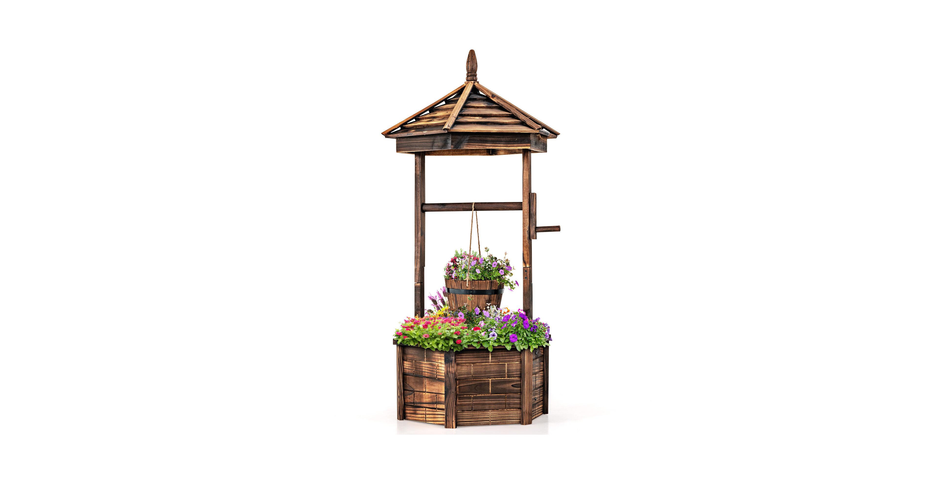 Skonyon Rustic Wooden Wishing Well with Adjustable Hanging Bucket-Brown