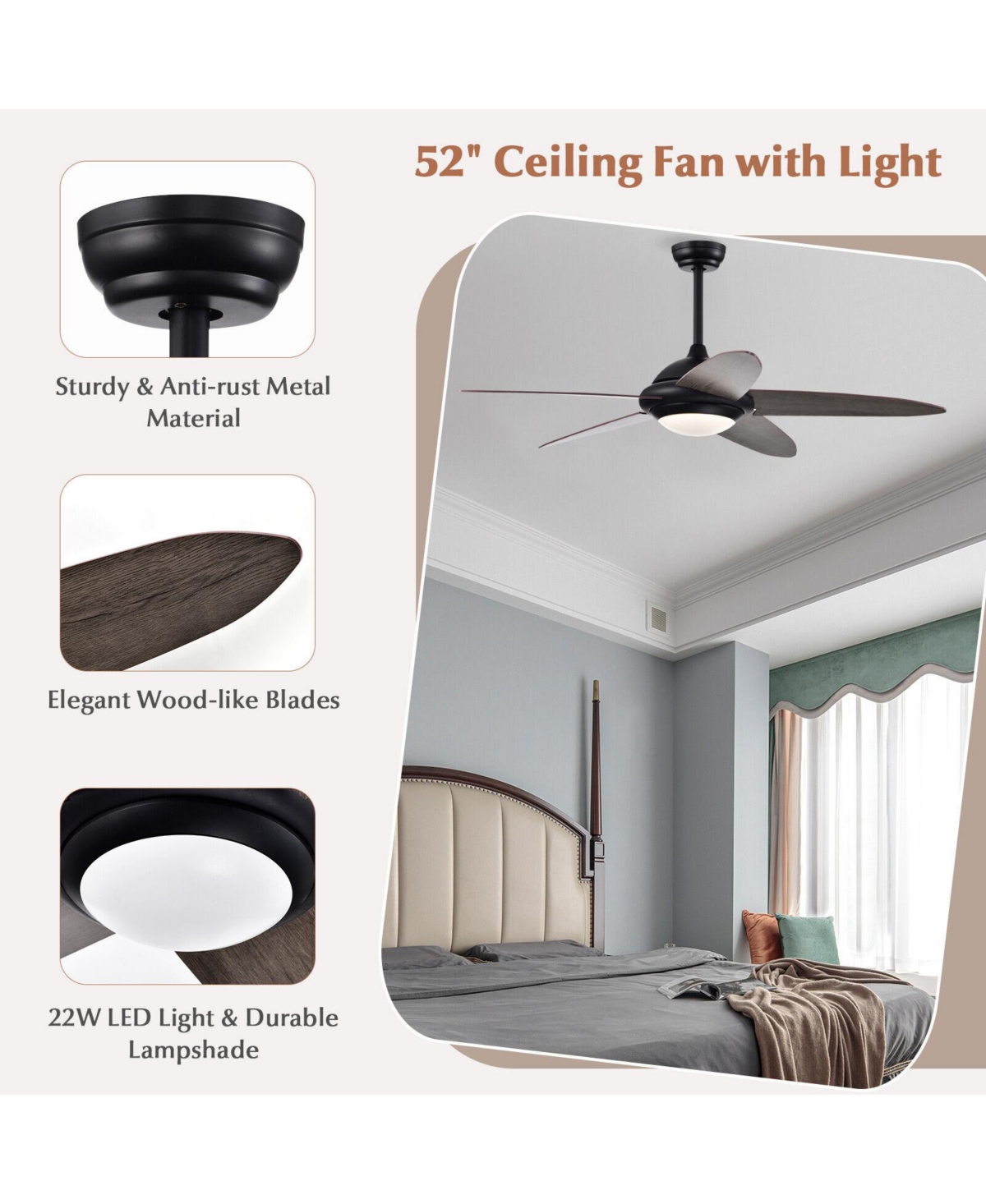 Skonyon Ceiling Fan with Lights and 3 Lighting Colors- Black